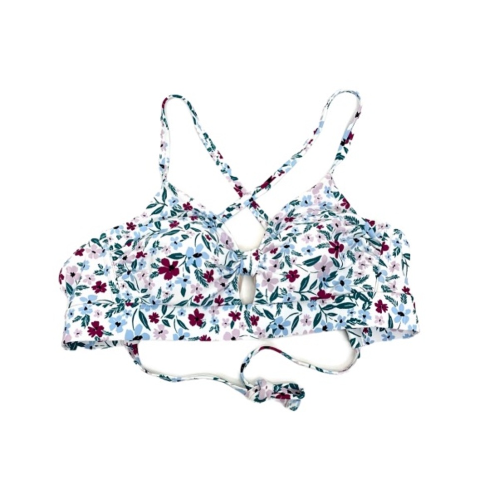 Kona Sol White Blue Multi Wildflower Print Bikini Top With Keyhole Bust New Nwot